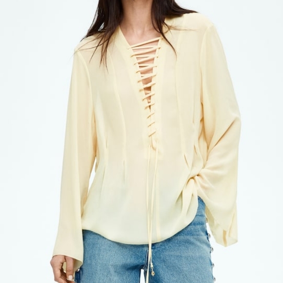 H&M Tops - H&M S/S 2025 Edition Lacing-detail Front Chiffon Blouse M Pale Yellow